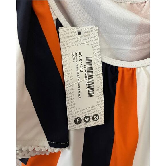 Boohoo Maternity Off The Shoulder Ruffle Stripe White Swimsuit Size 4 - NWT - Picture 6 of 8